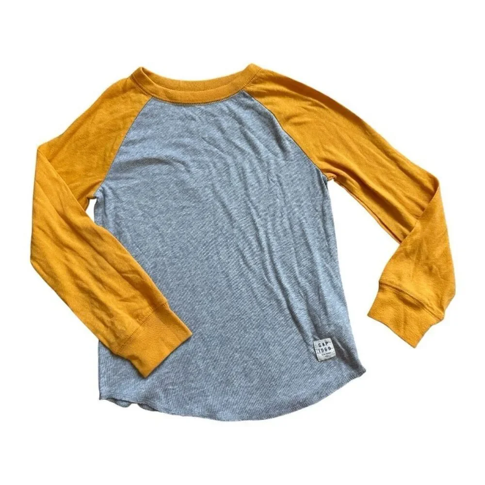 Brand New Youth Boys Gap Kids Mustard Gray Heathered Ranglan Tee Shirt - XS 4/5
